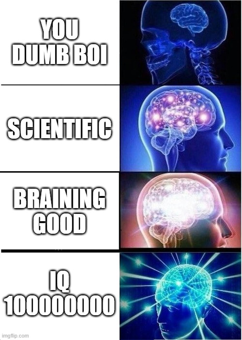 this is how smarties learn from dumb to IQ 100000000 | YOU DUMB BOI; SCIENTIFIC; BRAINING GOOD; IQ 100000000 | image tagged in memes,expanding brain | made w/ Imgflip meme maker