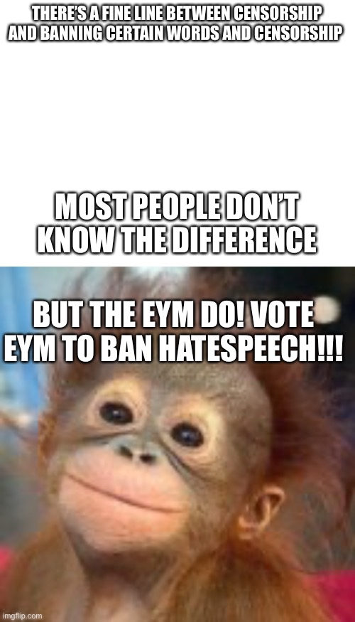 THERE’S A FINE LINE BETWEEN CENSORSHIP AND BANNING CERTAIN WORDS AND CENSORSHIP; MOST PEOPLE DON’T KNOW THE DIFFERENCE; BUT THE EYM DO! VOTE EYM TO BAN HATESPEECH!!! | image tagged in blank white template,eym representative,eym | made w/ Imgflip meme maker