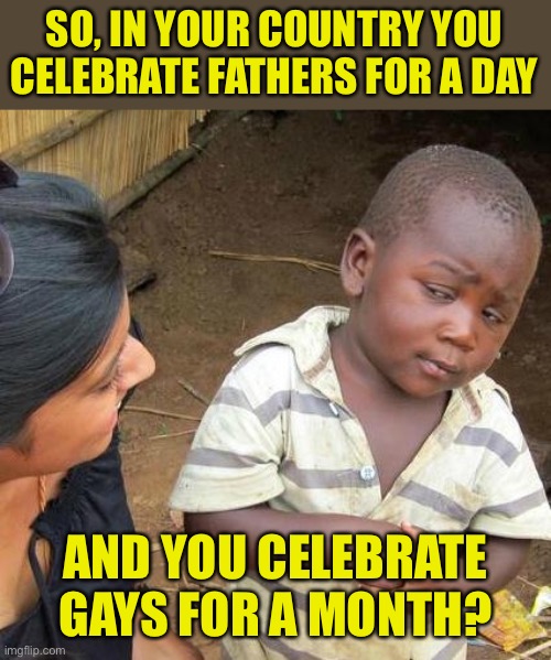 Only in America | SO, IN YOUR COUNTRY YOU CELEBRATE FATHERS FOR A DAY; AND YOU CELEBRATE GAYS FOR A MONTH? | image tagged in memes,third world skeptical kid | made w/ Imgflip meme maker