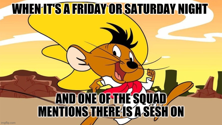 Speedy Gonzales | WHEN IT'S A FRIDAY OR SATURDAY NIGHT; AND ONE OF THE SQUAD MENTIONS THERE IS A SESH ON | image tagged in speedy gonzales,memes,sesh | made w/ Imgflip meme maker