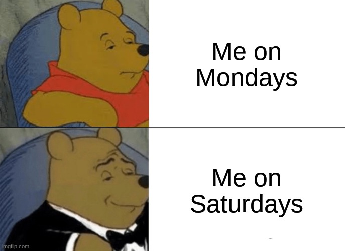 Tuxedo Winnie The Pooh | Me on Mondays; Me on Saturdays | image tagged in memes,tuxedo winnie the pooh | made w/ Imgflip meme maker
