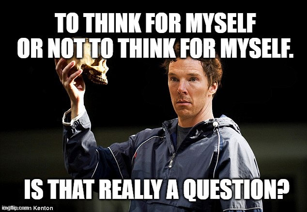 Hamlet | TO THINK FOR MYSELF OR NOT TO THINK FOR MYSELF. IS THAT REALLY A QUESTION? | image tagged in hamlet | made w/ Imgflip meme maker