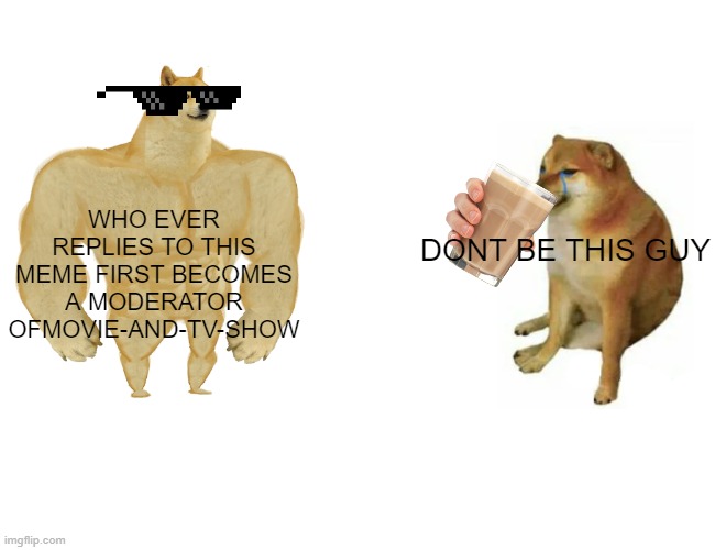 BECOME A MODERATOR TODAY! One time option! | WHO EVER REPLIES TO THIS MEME FIRST BECOMES A MODERATOR OFMOVIE-AND-TV-SHOW; DONT BE THIS GUY | image tagged in memes,buff doge vs cheems | made w/ Imgflip meme maker