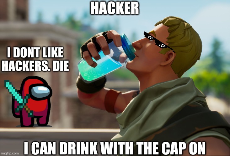 Glitches-hackers | HACKER; I DONT LIKE HACKERS. DIE; I CAN DRINK WITH THE CAP ON | image tagged in fortnite the frog | made w/ Imgflip meme maker