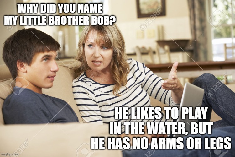 Mother and son | WHY DID YOU NAME MY LITTLE BROTHER BOB? HE LIKES TO PLAY IN THE WATER, BUT HE HAS NO ARMS OR LEGS | image tagged in mother and son | made w/ Imgflip meme maker