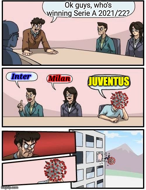 COVID-19 thinks Juventus will win Serie A 2021-2022! XD | Ok guys, who's winning Serie A 2021/22? Inter; Milan; JUVENTUS | image tagged in memes,boardroom meeting suggestion,covid-19,coronavirus,serie a,juventus | made w/ Imgflip meme maker