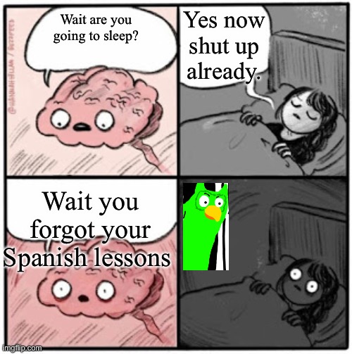 This is my first meme and plz view it I want points | Yes now shut up already. Wait are you going to sleep? Wait you forgot your Spanish lessons | image tagged in brain before sleep | made w/ Imgflip meme maker