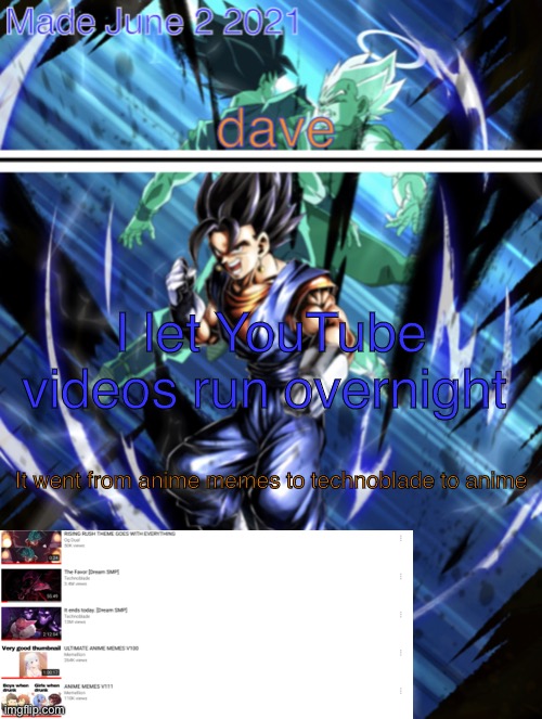 new vegito template | I let YouTube videos run overnight; It went from anime memes to technoblade to anime | image tagged in new vegito template | made w/ Imgflip meme maker