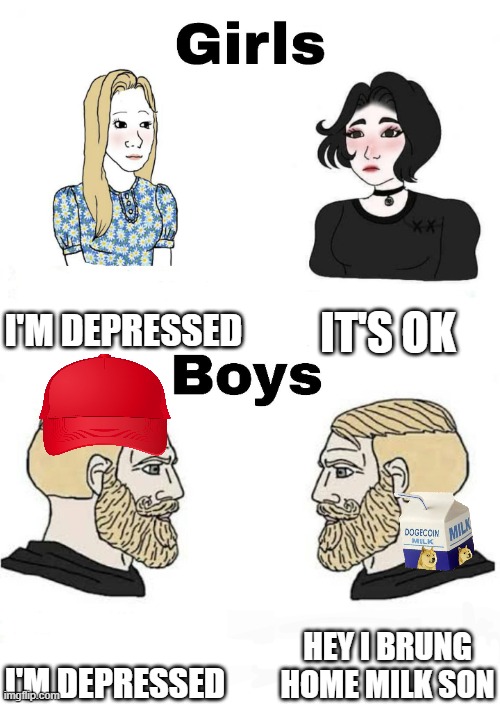 Girls vs Boys | I'M DEPRESSED; IT'S OK; HEY I BRUNG HOME MILK SON; I'M DEPRESSED | image tagged in girls vs boys | made w/ Imgflip meme maker