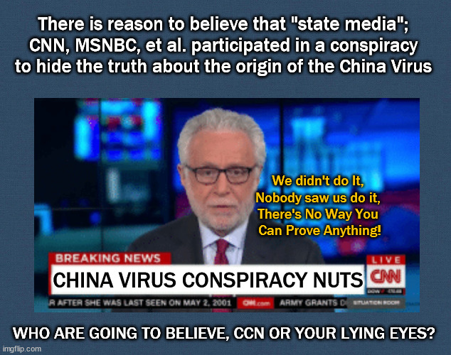 State media hiding China Virus truth | There is reason to believe that "state media"; CNN, MSNBC, et al. participated in a conspiracy to hide the truth about the origin of the China Virus; We didn't do It, 
Nobody saw us do it, 
There's No Way You 
Can Prove Anything! CHINA VIRUS CONSPIRACY NUTS; WHO ARE GOING TO BELIEVE, CCN OR YOUR LYING EYES? | image tagged in covid19,china virus | made w/ Imgflip meme maker