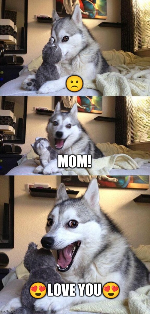 Bad Pun Dog | 🙁; MOM! 😍LOVE YOU😍 | image tagged in memes,bad pun dog | made w/ Imgflip meme maker