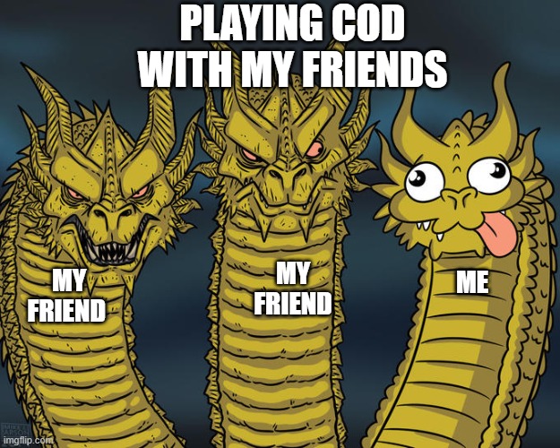 Three-headed Dragon | PLAYING COD WITH MY FRIENDS; MY FRIEND; MY FRIEND; ME | image tagged in three-headed dragon | made w/ Imgflip meme maker