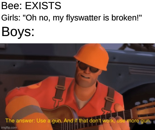That's gotta hurt | Bee: EXISTS; Girls: "Oh no, my flyswatter is broken!"; Boys: | image tagged in bees,more gun,enginner tf2,wham bam pow | made w/ Imgflip meme maker