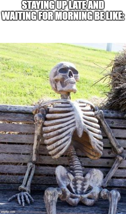 Waiting Skeleton Meme | STAYING UP LATE AND WAITING FOR MORNING BE LIKE: | image tagged in memes,waiting skeleton | made w/ Imgflip meme maker