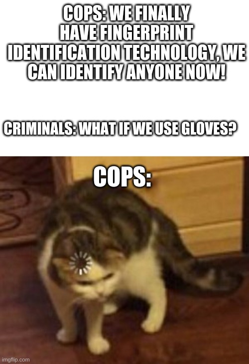 Hmmmm... | COPS: WE FINALLY HAVE FINGERPRINT IDENTIFICATION TECHNOLOGY, WE CAN IDENTIFY ANYONE NOW! CRIMINALS: WHAT IF WE USE GLOVES? COPS: | image tagged in loading cat,hmmmm,cop vs troll criminals | made w/ Imgflip meme maker
