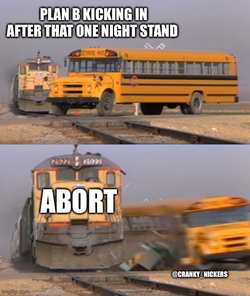 Planb | PLAN B KICKING IN AFTER THAT ONE NIGHT STAND; ABORT; @CRANKY_NICKERS | image tagged in a train hitting a school bus | made w/ Imgflip meme maker