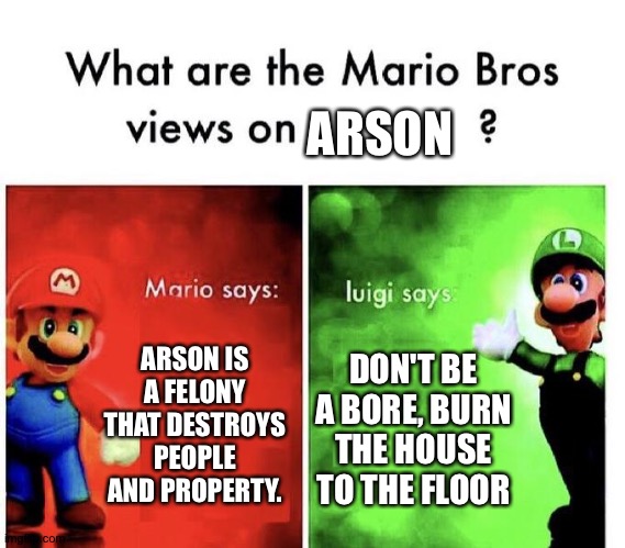 Mario Bros Views | ARSON; ARSON IS A FELONY THAT DESTROYS PEOPLE AND PROPERTY. DON'T BE A BORE, BURN THE HOUSE TO THE FLOOR | image tagged in mario bros views | made w/ Imgflip meme maker
