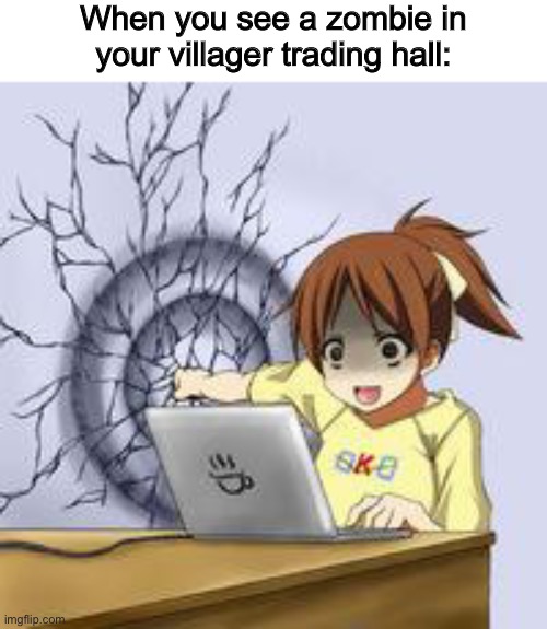 Frick | When you see a zombie in your villager trading hall: | image tagged in anime wall punch | made w/ Imgflip meme maker