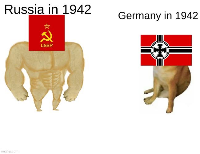 Buff Doge vs. Cheems Meme | Russia in 1942; Germany in 1942 | image tagged in memes,buff doge vs cheems | made w/ Imgflip meme maker