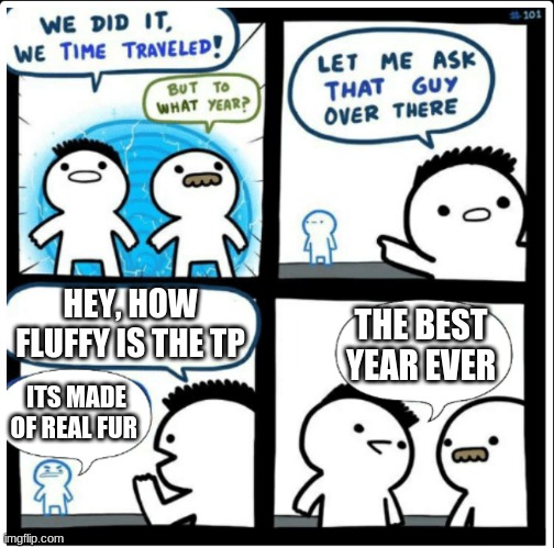 toilet paper | HEY, HOW FLUFFY IS THE TP; THE BEST YEAR EVER; ITS MADE OF REAL FUR | image tagged in time travel | made w/ Imgflip meme maker