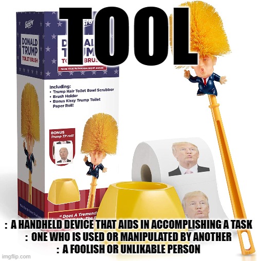 TOOL | TOOL; :  A HANDHELD DEVICE THAT AIDS IN ACCOMPLISHING A TASK
:  ONE WHO IS USED OR MANIPULATED BY ANOTHER
:  A FOOLISH OR UNLIKABLE PERSON | image tagged in tool,trump,foolish,unlikable,manipulated,device | made w/ Imgflip meme maker