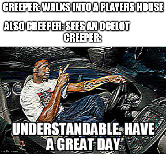 Minecraft creepers be like: | CREEPER: WALKS INTO A PLAYERS HOUSE; ALSO CREEPER: SEES AN OCELOT                 
CREEPER: | image tagged in understandable have a great day,memes,funny,minecraft creeper,minecraft,too many tags | made w/ Imgflip meme maker