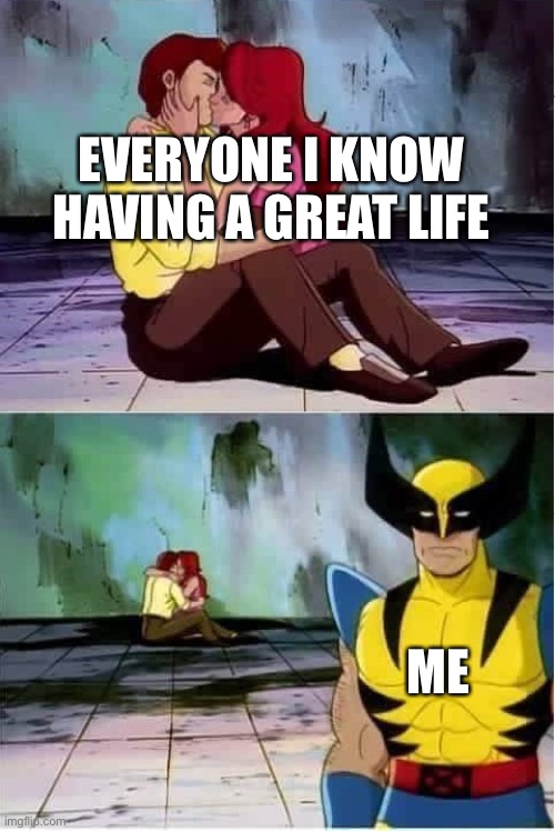 Sad wolverine left out of party | EVERYONE I KNOW HAVING A GREAT LIFE; ME | image tagged in sad wolverine left out of party | made w/ Imgflip meme maker