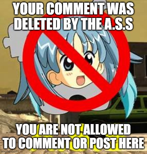 A.S.S | YOUR COMMENT WAS DELETED BY THE A.S.S YOU ARE NOT ALLOWED TO COMMENT OR POST HERE | image tagged in a s s | made w/ Imgflip meme maker