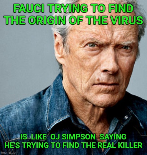 Clint Eastwood | FAUCI TRYING TO FIND THE ORIGIN OF THE VIRUS; IS  LIKE  OJ SIMPSON  SAYING HE'S TRYING TO FIND THE REAL KILLER | image tagged in clint eastwood,oj simpson,fauci,covid,Conservative | made w/ Imgflip meme maker