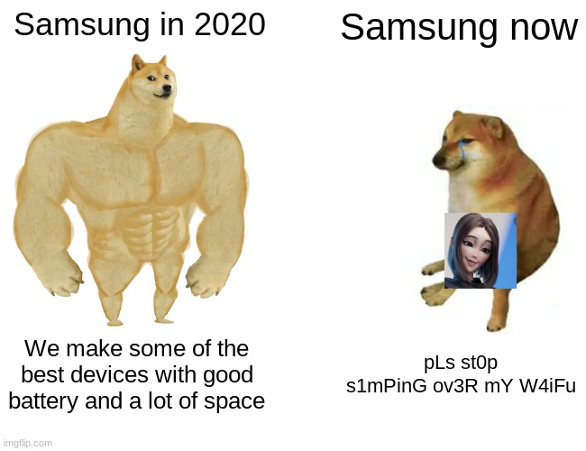 Buff Doge vs. Cheems | Samsung in 2020; Samsung now; We make some of the best devices with good battery and a lot of space; pLs st0p s1mPinG ov3R mY W4iFu | image tagged in memes,buff doge vs cheems | made w/ Imgflip meme maker