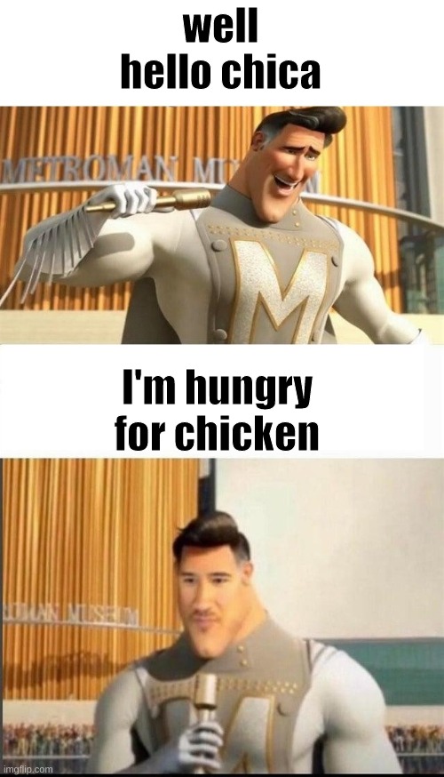 fnaf | well hello chica I'm hungry for chicken | image tagged in markiplier metroman reaction meme | made w/ Imgflip meme maker