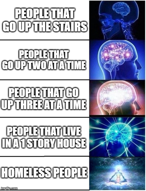 Expanding Brain 5 Panel | PEOPLE THAT GO UP THE STAIRS; PEOPLE THAT GO UP TWO AT A TIME; PEOPLE THAT GO UP THREE AT A TIME; PEOPLE THAT LIVE IN A 1 STORY HOUSE; HOMELESS PEOPLE | image tagged in expanding brain 5 panel | made w/ Imgflip meme maker
