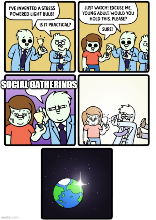 im an introvert so being social is a huge no | SOCIAL GATHERINGS | image tagged in stress powered lightbulb | made w/ Imgflip meme maker