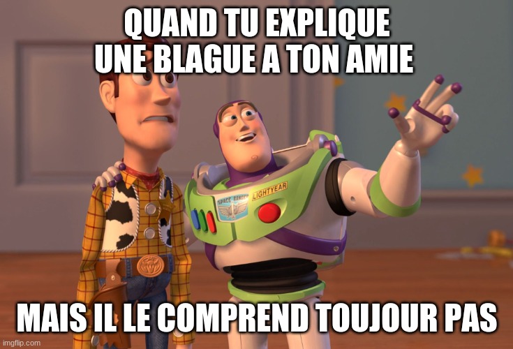 X, X Everywhere | QUAND TU EXPLIQUE UNE BLAGUE A TON AMIE; MAIS IL LE COMPREND TOUJOUR PAS | image tagged in memes,x x everywhere | made w/ Imgflip meme maker