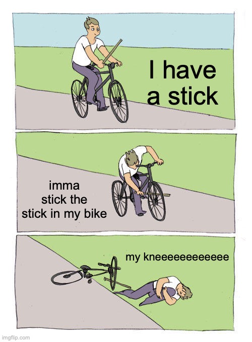 whatchu doin with that stick | I have a stick; imma stick the stick in my bike; my kneeeeeeeeeeee | image tagged in memes,bike fall | made w/ Imgflip meme maker