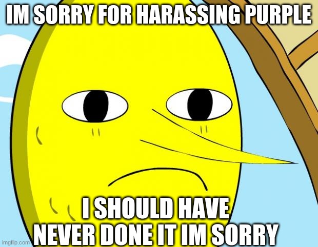 Unacceptable Lemongrab | IM SORRY FOR HARASSING PURPLE; I SHOULD HAVE NEVER DONE IT IM SORRY | image tagged in unacceptable lemongrab | made w/ Imgflip meme maker