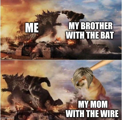 Kong Godzilla Doge | MY BROTHER WITH THE BAT; ME; MY MOM WITH THE WIRE | image tagged in kong godzilla doge | made w/ Imgflip meme maker