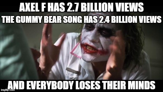 And everybody loses their minds | AXEL F HAS 2.7 BILLION VIEWS; THE GUMMY BEAR SONG HAS 2.4 BILLION VIEWS; AND EVERYBODY LOSES THEIR MINDS | image tagged in memes,and everybody loses their minds | made w/ Imgflip meme maker