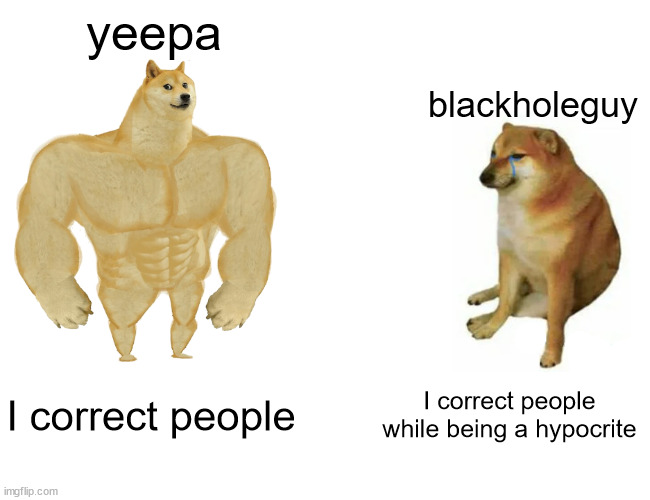 yeepa blackholeguy I correct people I correct people while being a hypocrite | image tagged in memes,buff doge vs cheems | made w/ Imgflip meme maker