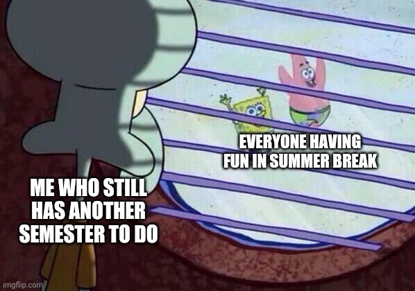 >:C |  EVERYONE HAVING FUN IN SUMMER BREAK; ME WHO STILL HAS ANOTHER SEMESTER TO DO | image tagged in squidward window,school,summer vacation,spongebob | made w/ Imgflip meme maker