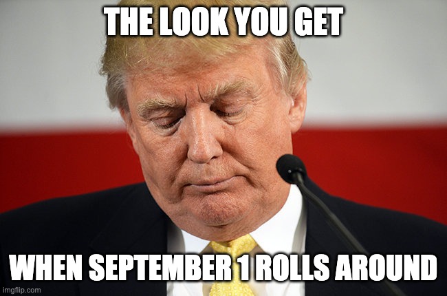 Sad Trump | THE LOOK YOU GET WHEN SEPTEMBER 1 ROLLS AROUND | image tagged in sad trump | made w/ Imgflip meme maker