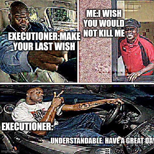Executioner IQ: minus 400 |  ME:I WISH YOU WOULD NOT KILL ME; EXECUTIONER:MAKE YOUR LAST WISH; EXECUTIONER: | image tagged in understandable have a great day | made w/ Imgflip meme maker