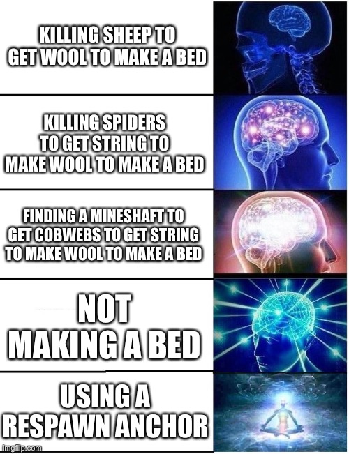 Expanding Brain 5 Panel | KILLING SHEEP TO GET WOOL TO MAKE A BED KILLING SPIDERS TO GET STRING TO MAKE WOOL TO MAKE A BED FINDING A MINESHAFT TO GET COBWEBS TO GET S | image tagged in expanding brain 5 panel | made w/ Imgflip meme maker