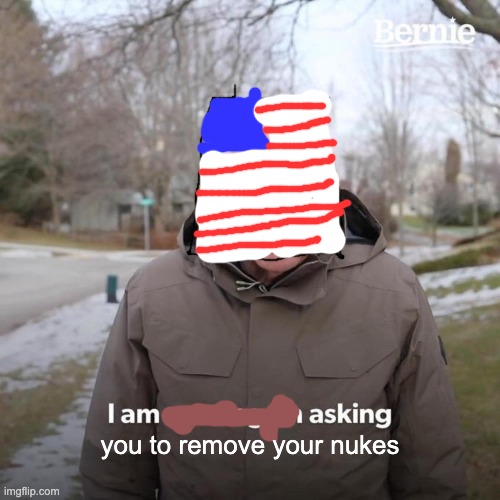 Bernie I Am Once Again Asking For Your Support Meme | you to remove your nukes | image tagged in memes,bernie i am once again asking for your support | made w/ Imgflip meme maker
