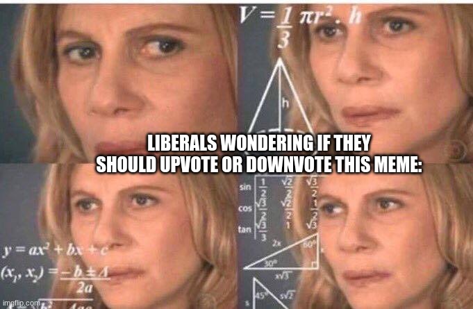 Math lady/Confused lady | LIBERALS WONDERING IF THEY SHOULD UPVOTE OR DOWNVOTE THIS MEME: | image tagged in math lady/confused lady | made w/ Imgflip meme maker