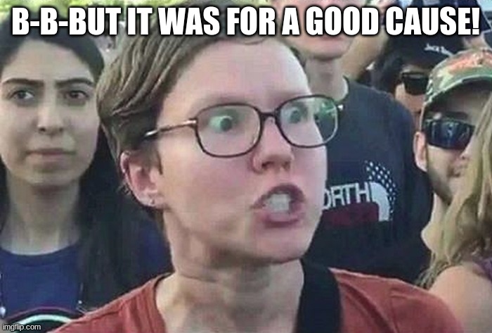 Triggered Liberal | B-B-BUT IT WAS FOR A GOOD CAUSE! | image tagged in triggered liberal | made w/ Imgflip meme maker