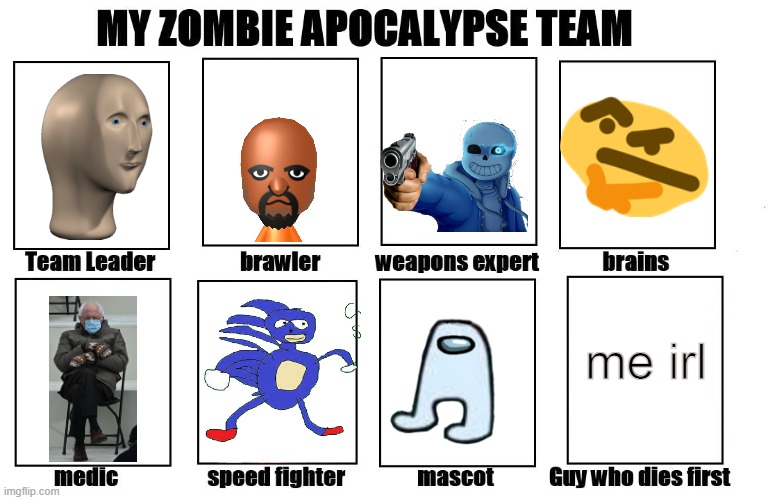 My Zombie Apocalypse Team | me irl | image tagged in my zombie apocalypse team | made w/ Imgflip meme maker