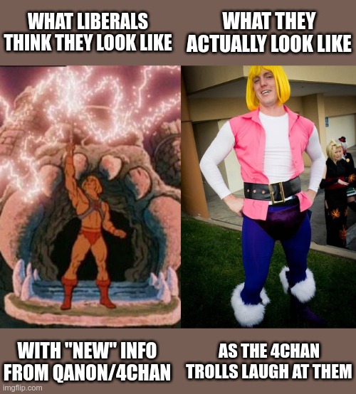 4chan/qanon are trolling you | WHAT LIBERALS THINK THEY LOOK LIKE; WHAT THEY ACTUALLY LOOK LIKE; AS THE 4CHAN TROLLS LAUGH AT THEM; WITH "NEW" INFO FROM QANON/4CHAN | image tagged in he-man | made w/ Imgflip meme maker