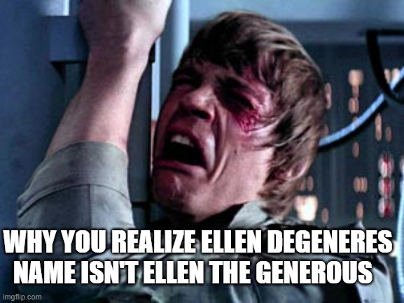 nah but fr i thought it was the generous for soo long | WHY YOU REALIZE ELLEN DEGENERES NAME ISN'T ELLEN THE GENEROUS | image tagged in luke skywalker noooo | made w/ Imgflip meme maker