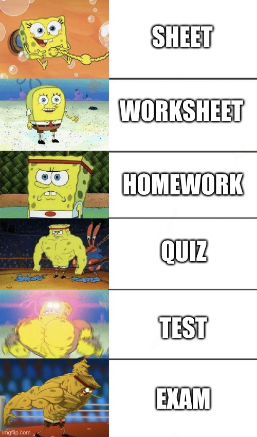 weak vs strong spongebob | SHEET; WORKSHEET; HOMEWORK; QUIZ; TEST; EXAM | image tagged in buff spongebob,memes | made w/ Imgflip meme maker